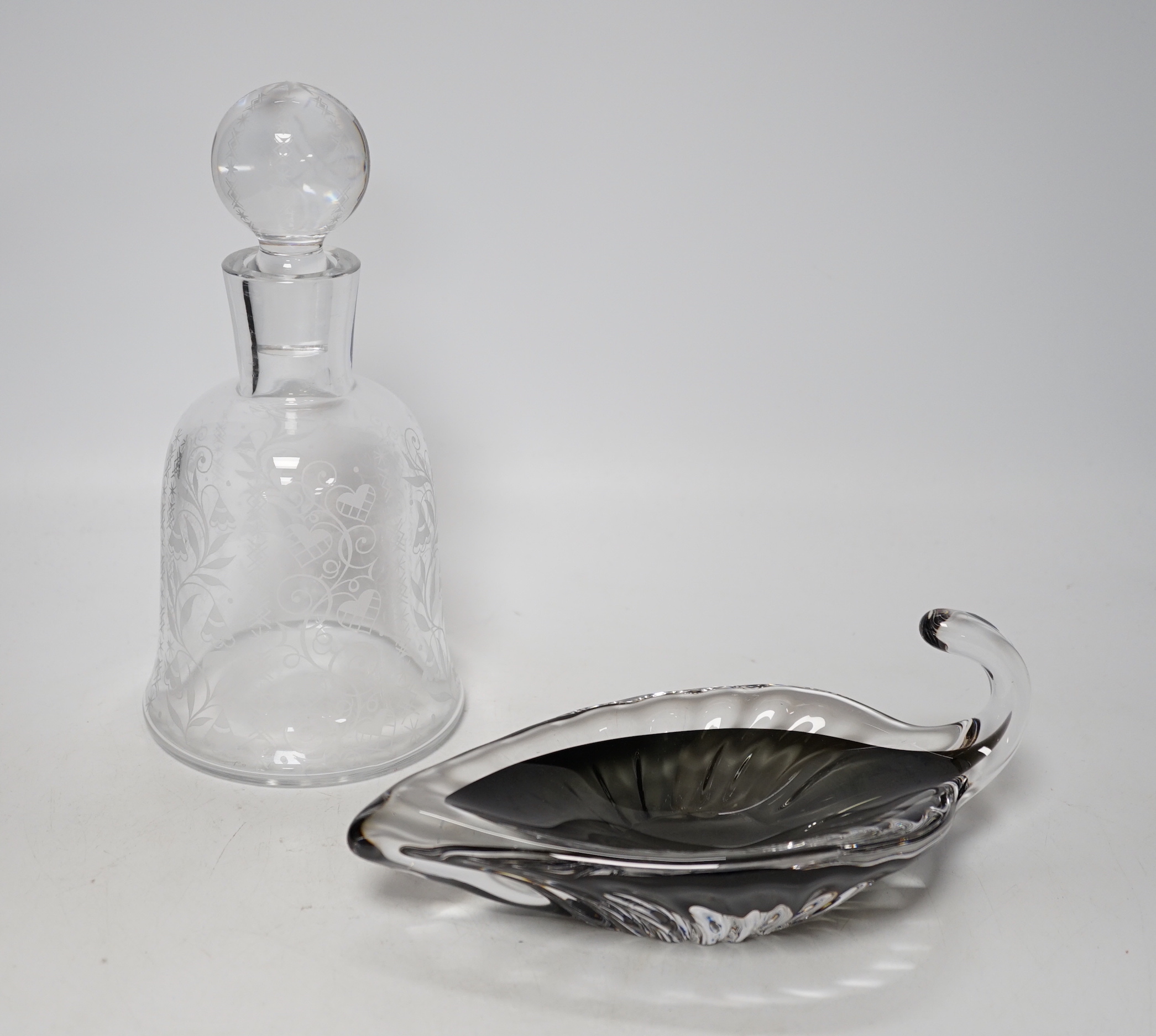 Baccarat for Rocher Freres on etched glass 'Argentina' decanter and stopper c1960's inscribed to base and Kosta Boda 'leaf' dish, signed on base, decanter 24cm high including stopper